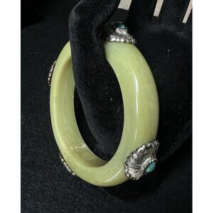 Vintage Chunky Lime Green Marbled Celluloid Bangle Silvertone Blue Stone